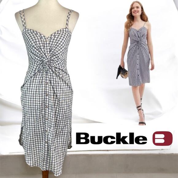 NWOT Womens Buckle Mustard Seed Gingham Twist Front Sleeveless Dress Sz M Medium - Picture 1 of 10